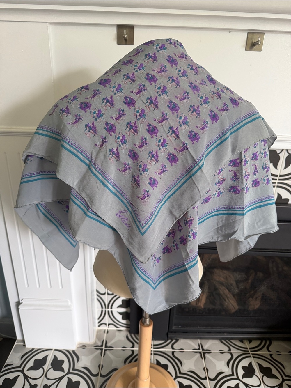 Vintage Belloth Italy 100% Silk Scarf - Lavender Floral Print Grey Border